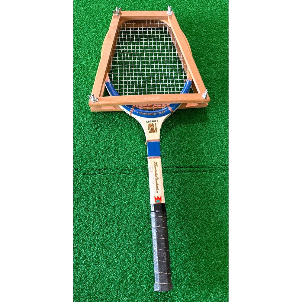 Vintage Charger Tournament Play Wooden Tennis Racquet with Wood Press Blue White